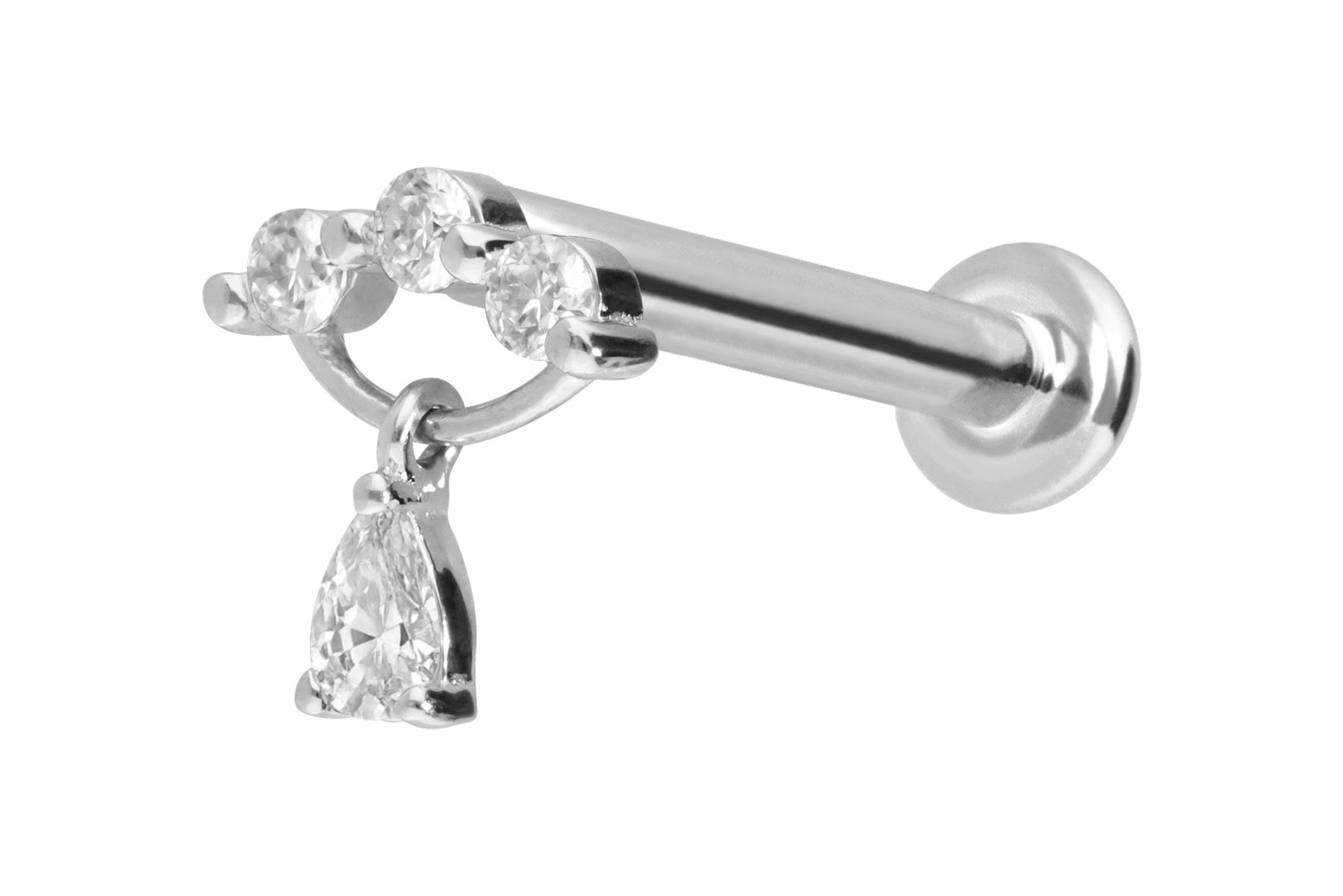 14 Karat Gold Labret Piercing mit Innengewinde MOISSANIT-BOGEN + MOISSANIT-TROPFEN